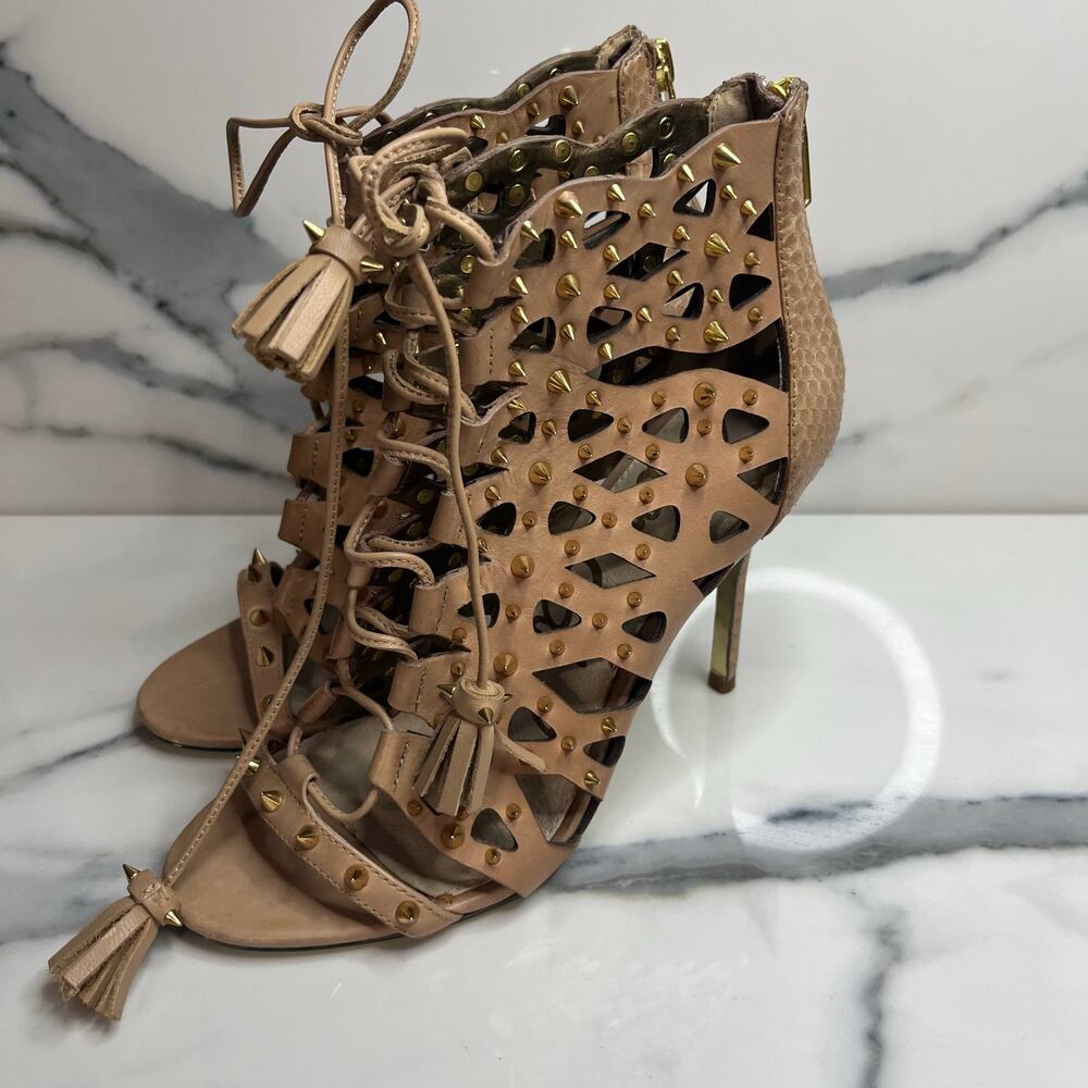 Sam Edelman Women's Tan Leather Spikes Open Toe Allison Bootie Heels Sz 6.5 - Picture 3 of 7